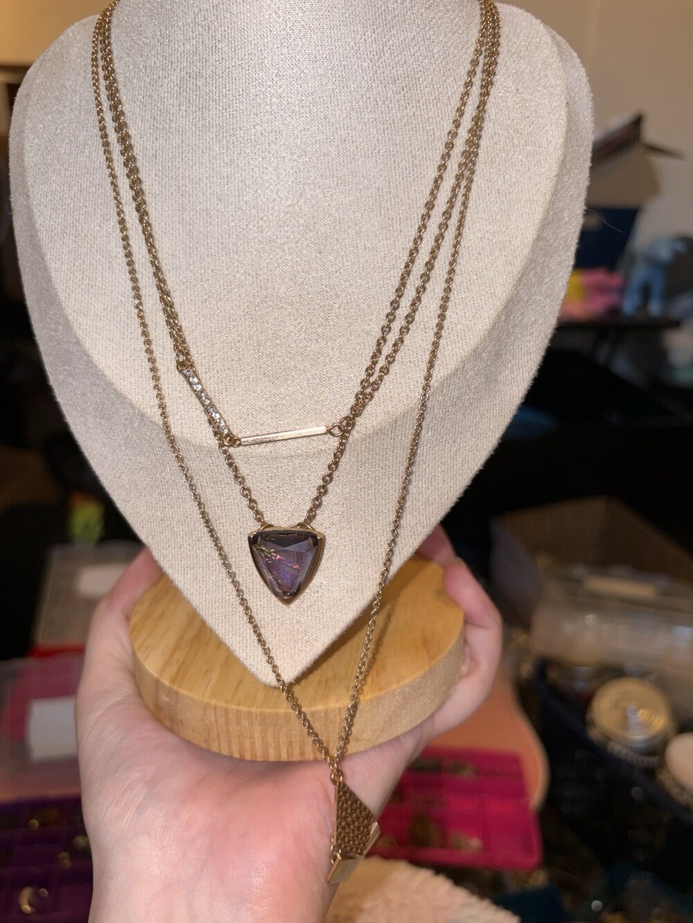 Gold Tone Layered Statement Necklace Purple Crystal Bar Mesh Tassel